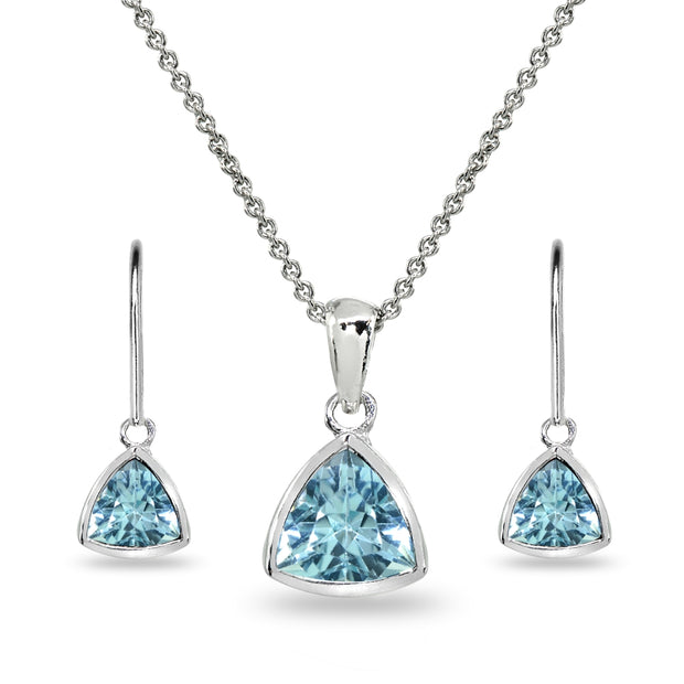 Sterling Silver Blue Topaz Trillion Bezel-Set Pendant Necklace & Dangle Leverback Earrings Set