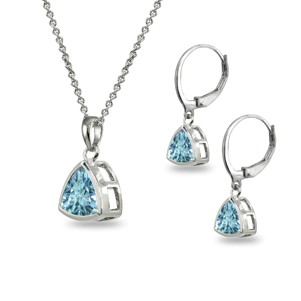 Sterling Silver Blue Topaz Trillion Bezel-Set Pendant Necklace & Dangle Leverback Earrings Set-2