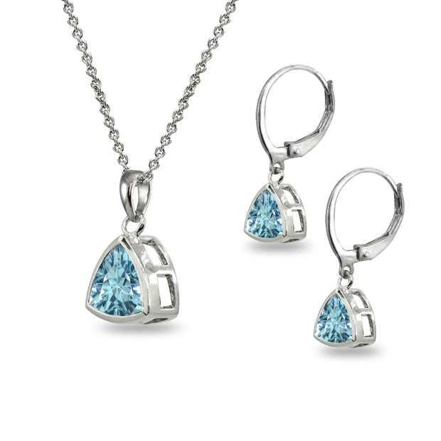 Sterling Silver Blue Topaz Trillion Bezel-Set Pendant Necklace & Dangle Leverback Earrings Set