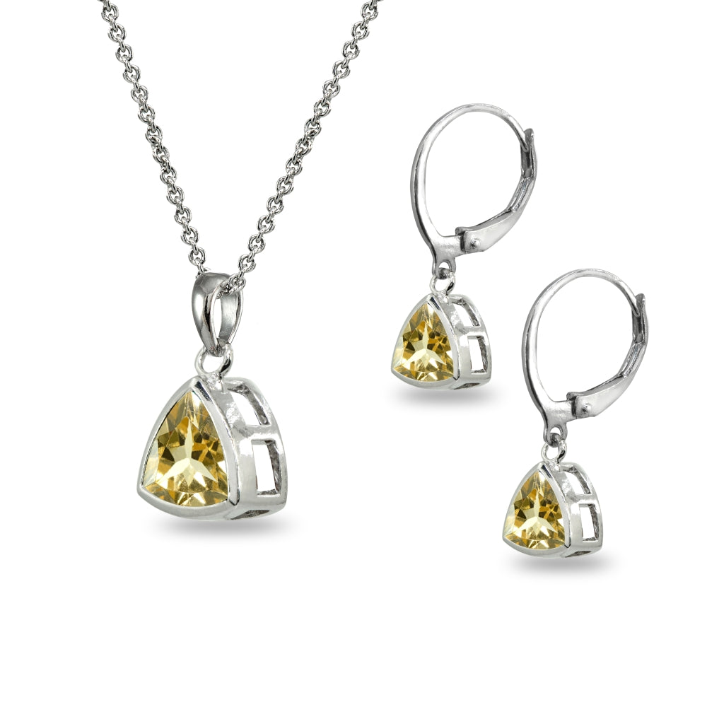 Sterling Silver Citrine Trillion Bezel-Set Pendant Necklace & Dangle Leverback Earrings Set-2
