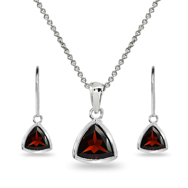 Sterling Silver Garnet Trillion Bezel-Set Pendant Necklace & Dangle Leverback Earrings Set