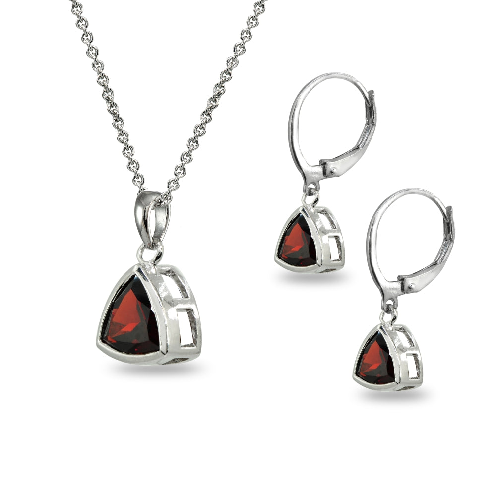 Sterling Silver Garnet Trillion Bezel-Set Pendant Necklace & Dangle Leverback Earrings Set-2