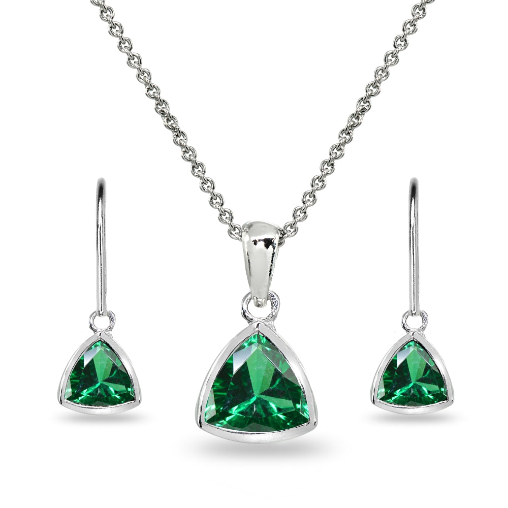 Sterling Silver Simulated Emerald Trillion Bezel-Set Pendant Necklace & Dangle Leverback Earrings Set
