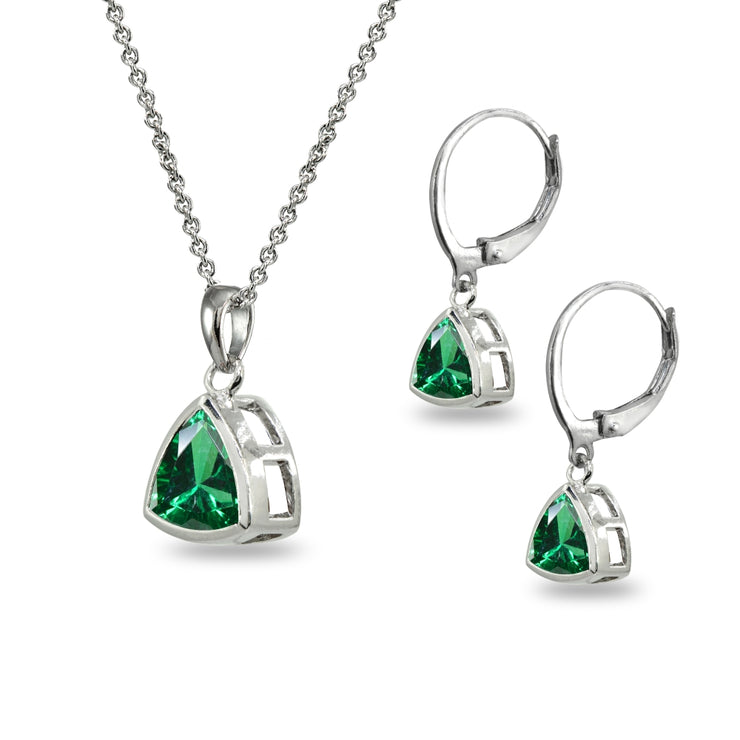 Sterling Silver Simulated Emerald Trillion Bezel-Set Pendant Necklace & Dangle Leverback Earrings Set