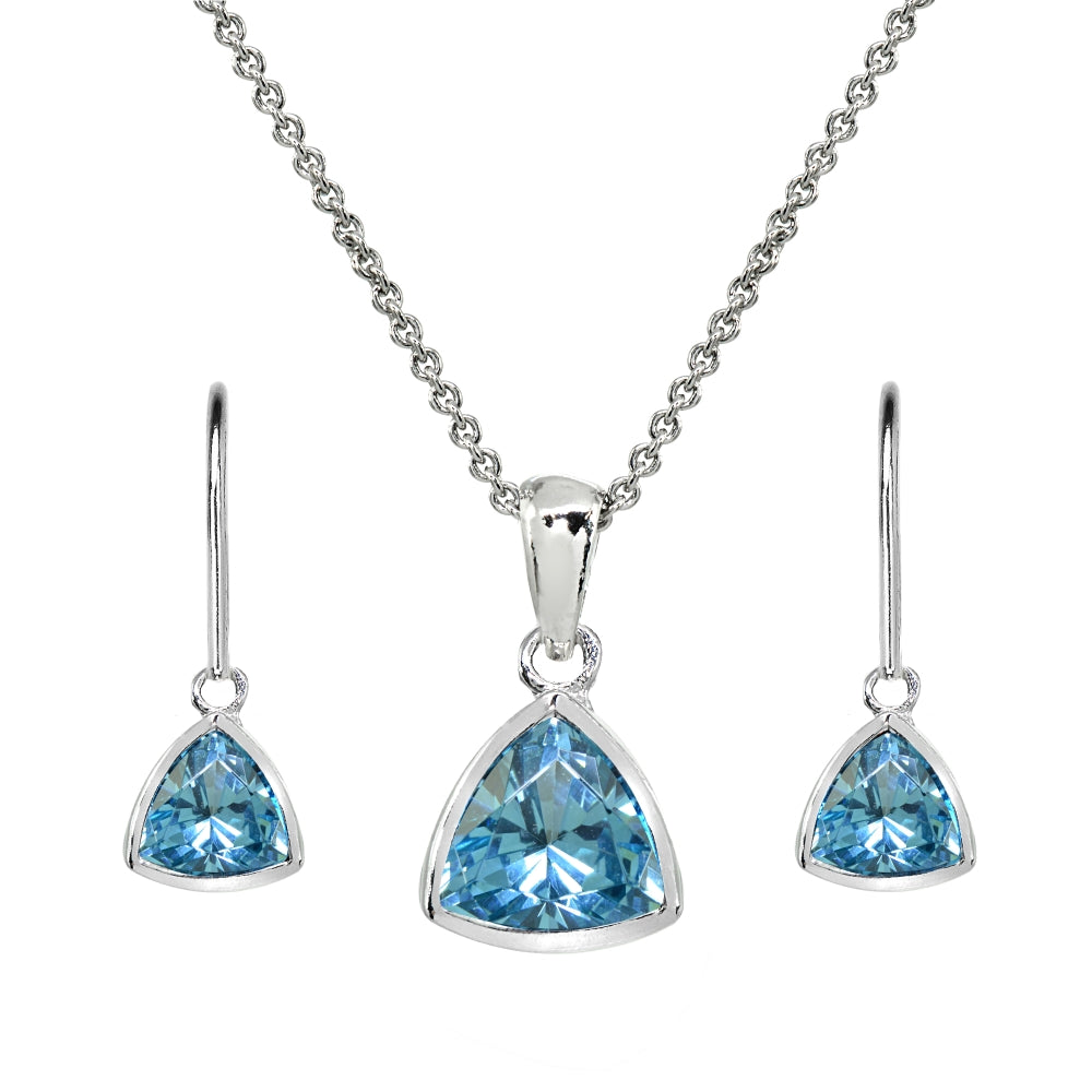 Sterling Silver Created Aquamarine Trillion Bezel-Set Necklace & Dangle Leverback Earrings Set
