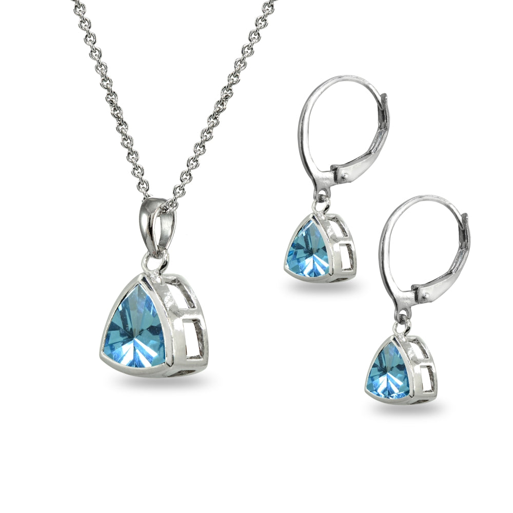 Sterling Silver Created Aquamarine Trillion Bezel-Set Necklace & Dangle Leverback Earrings Set-2