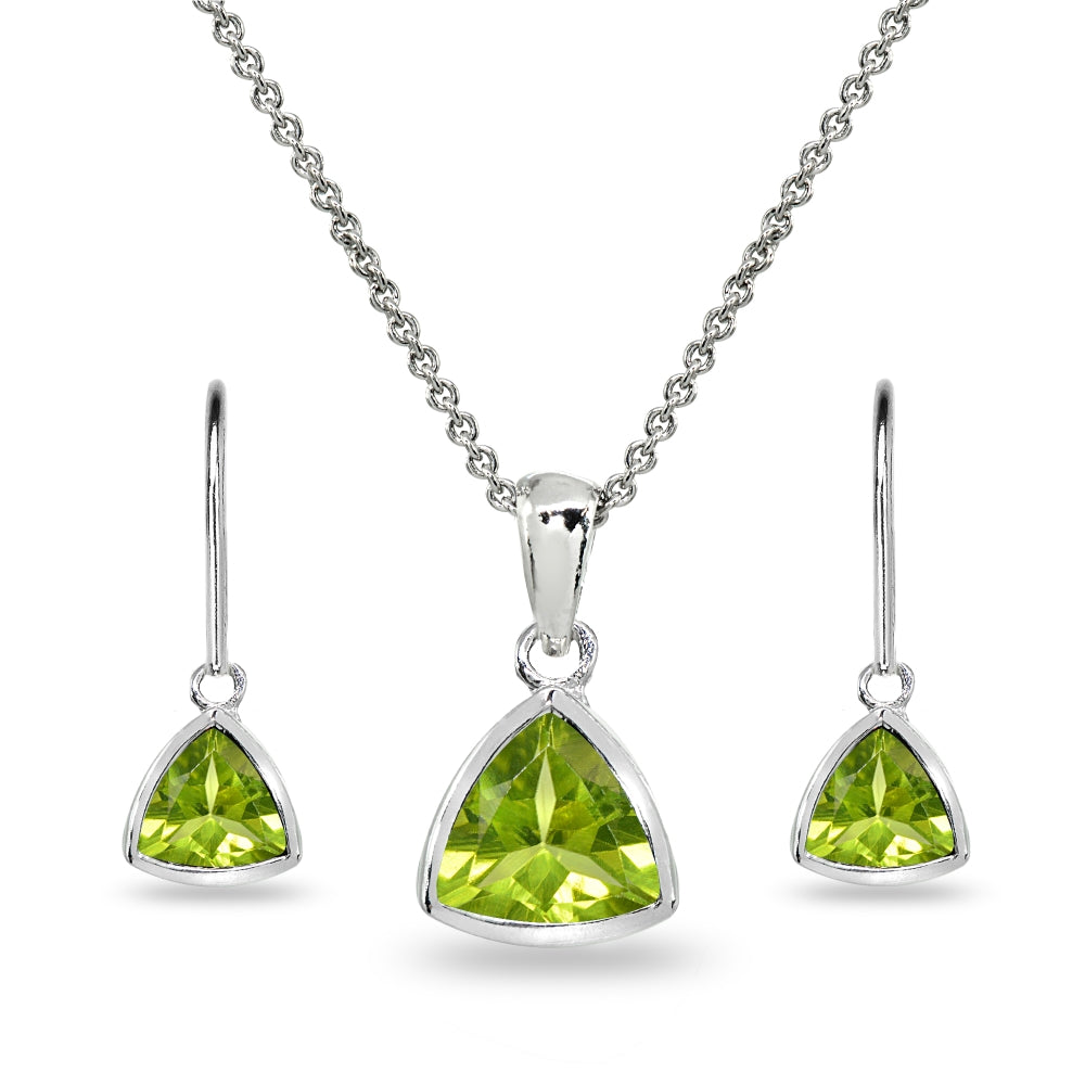 Sterling Silver Peridot Trillion Bezel-Set Pendant Necklace & Dangle Leverback Earrings Set