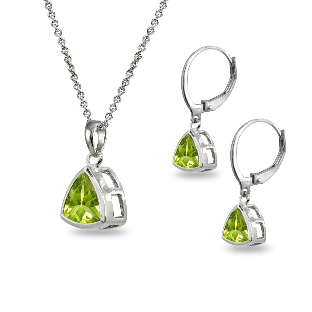 Sterling Silver Peridot Trillion Bezel-Set Pendant Necklace & Dangle Leverback Earrings Set-2