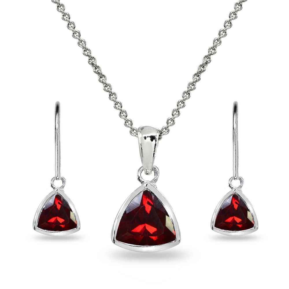 Sterling Silver Created Ruby Trillion Bezel-Set Pendant Necklace & Dangle Leverback Earrings Set