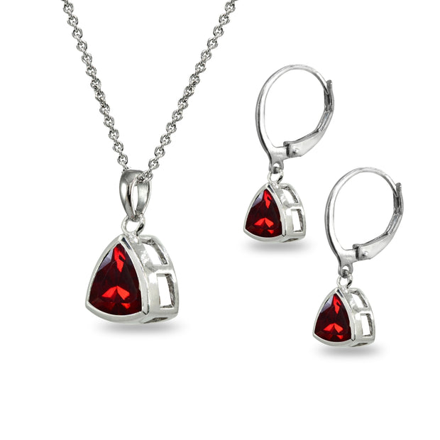 Sterling Silver Created Ruby Trillion Bezel-Set Pendant Necklace & Dangle Leverback Earrings Set