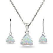Sterling Silver Created White Opal Trillion Bezel-Set Pendant Necklace & Dangle Leverback Earrings Set