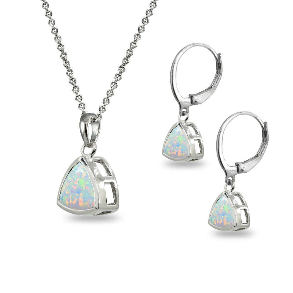 Sterling Silver Created White Opal Trillion Bezel-Set Pendant Necklace & Dangle Leverback Earrings Set-2