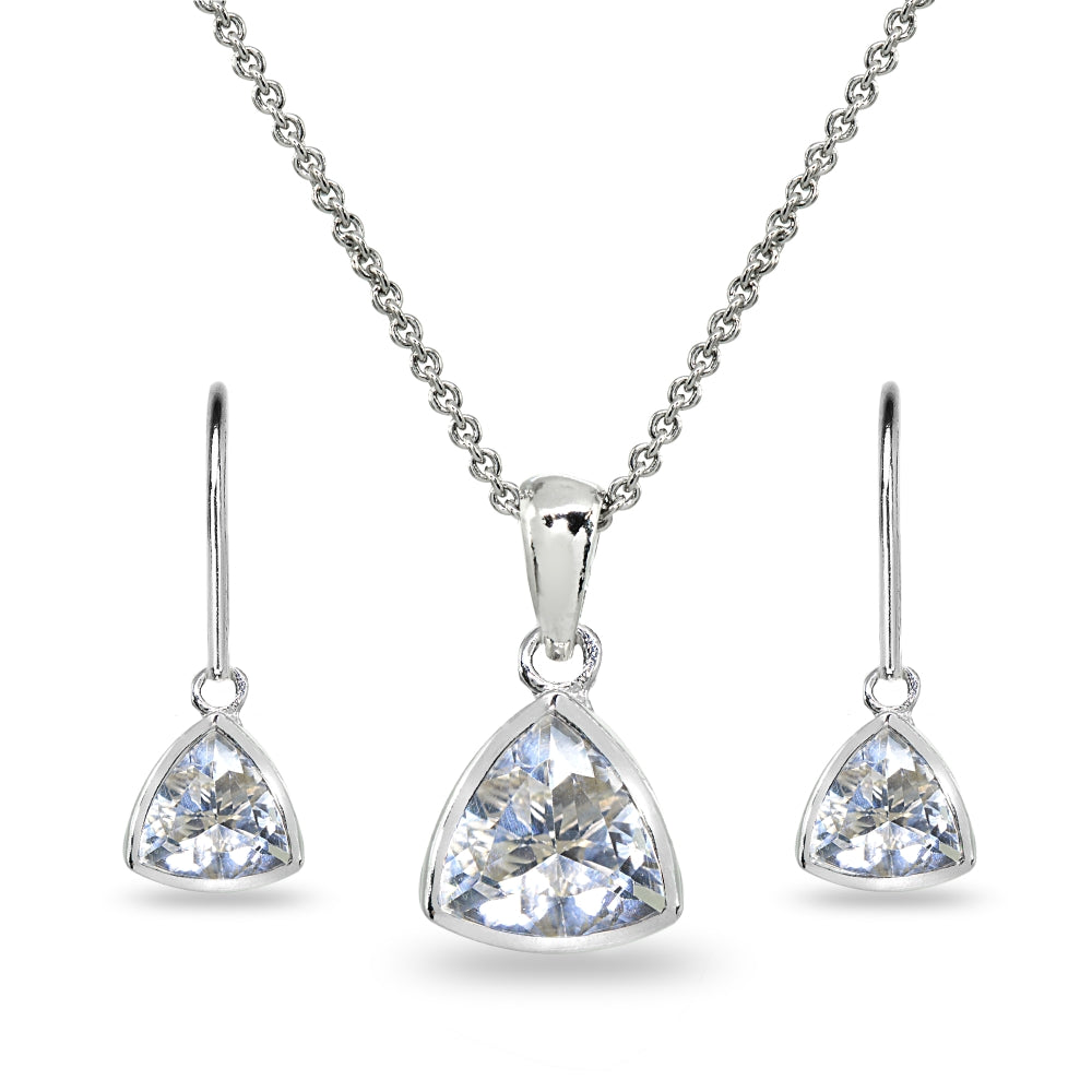 Sterling Silver Cubic Zirconia Trillion Bezel-Set Pendant Necklace & Dangle Leverback Earrings Set