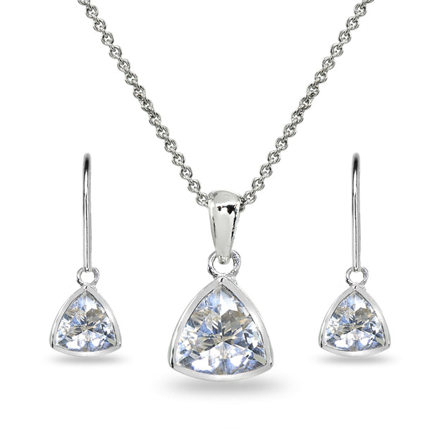 Sterling Silver Cubic Zirconia Trillion Bezel-Set Pendant Necklace & Dangle Leverback Earrings Set
