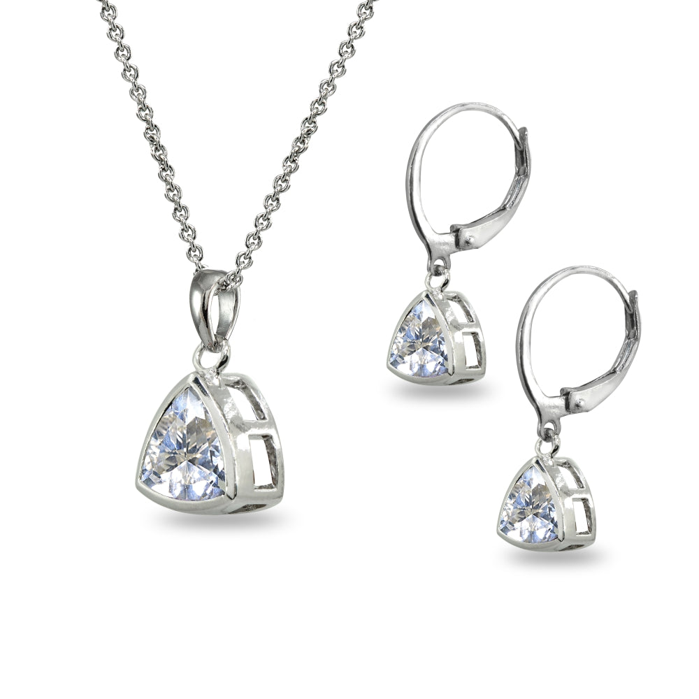 Sterling Silver Cubic Zirconia Trillion Bezel-Set Pendant Necklace & Dangle Leverback Earrings Set-2