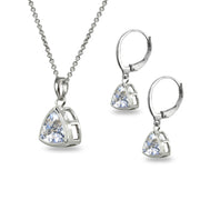 Sterling Silver Cubic Zirconia Trillion Bezel-Set Pendant Necklace & Dangle Leverback Earrings Set