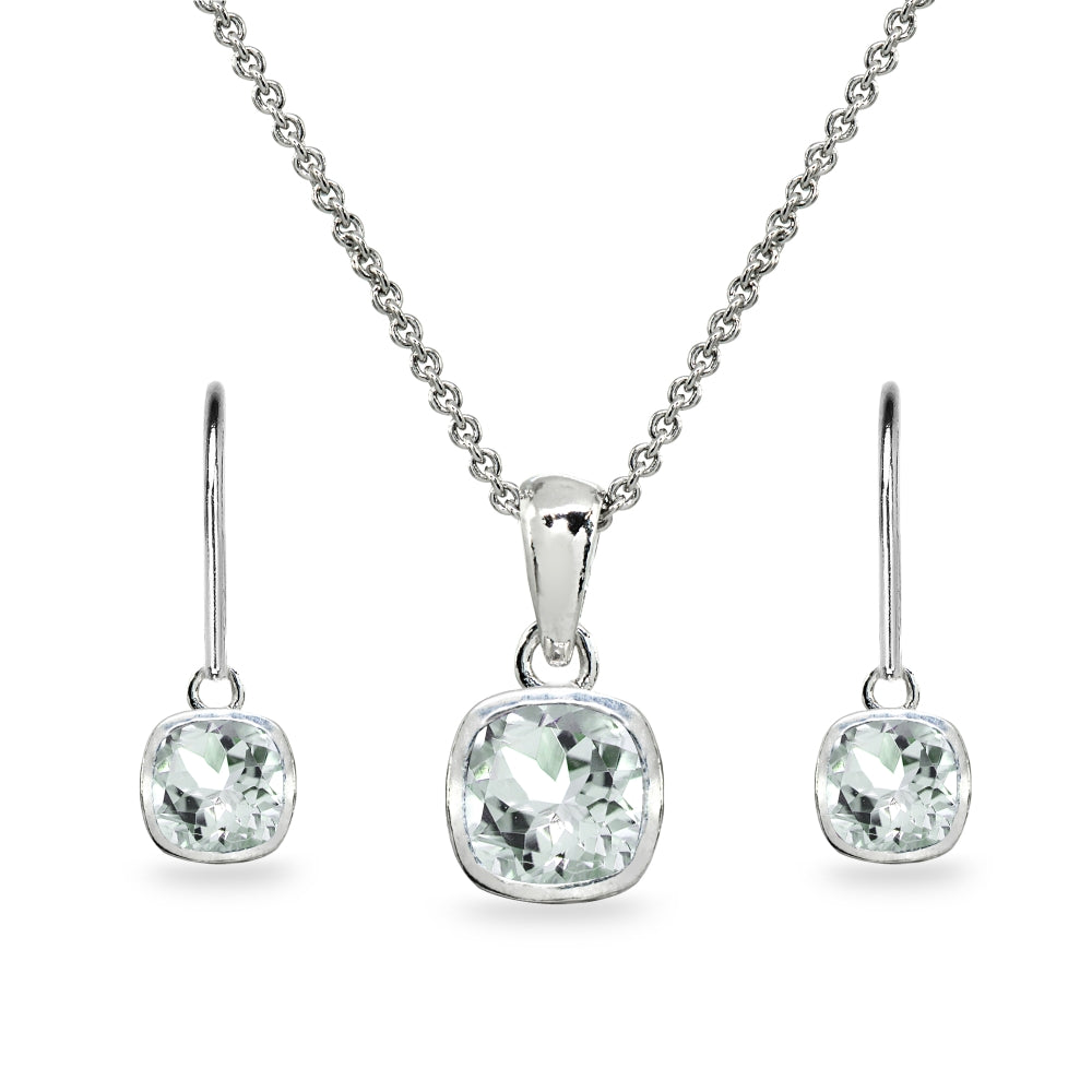 Sterling Silver Aquamarine Cushion-Cut Bezel-Set Necklace & Dangle Leverback Earrings Set