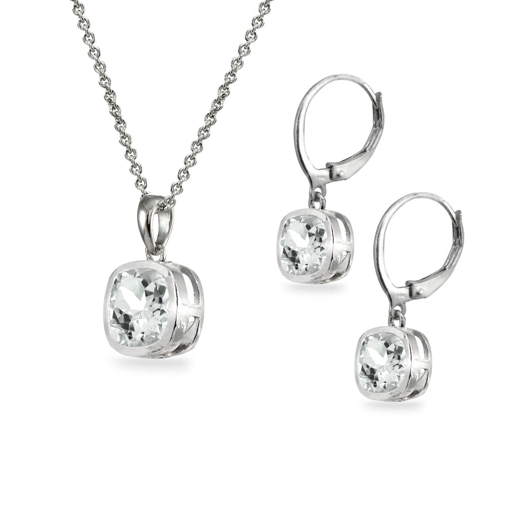 Sterling Silver Aquamarine Cushion-Cut Bezel-Set Necklace & Dangle Leverback Earrings Set-2