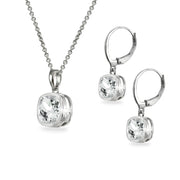 Sterling Silver Aquamarine Cushion-Cut Bezel-Set Necklace & Dangle Leverback Earrings Set