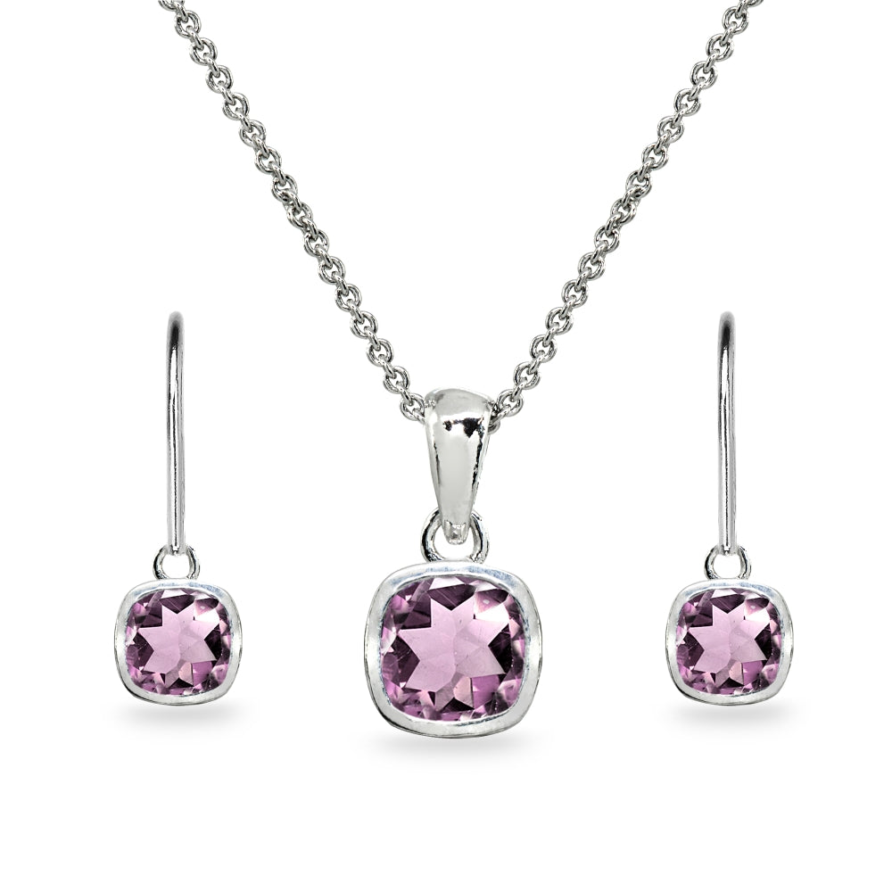 Sterling Silver Created Alexandrite Cushion-Cut Bezel-Set Necklace & Dangle Leverback Earrings Set