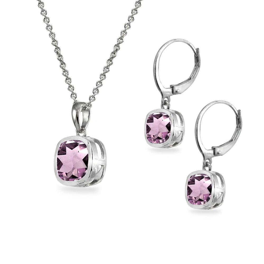 Sterling Silver Created Alexandrite Cushion-Cut Bezel-Set Necklace & Dangle Leverback Earrings Set-2