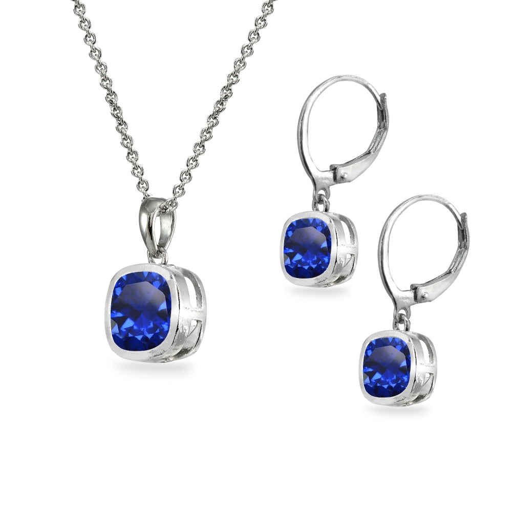 Sterling Silver Created Blue Sapphire Cushion-Cut Bezel-Set Necklace & Dangle Leverback Earrings Set-2