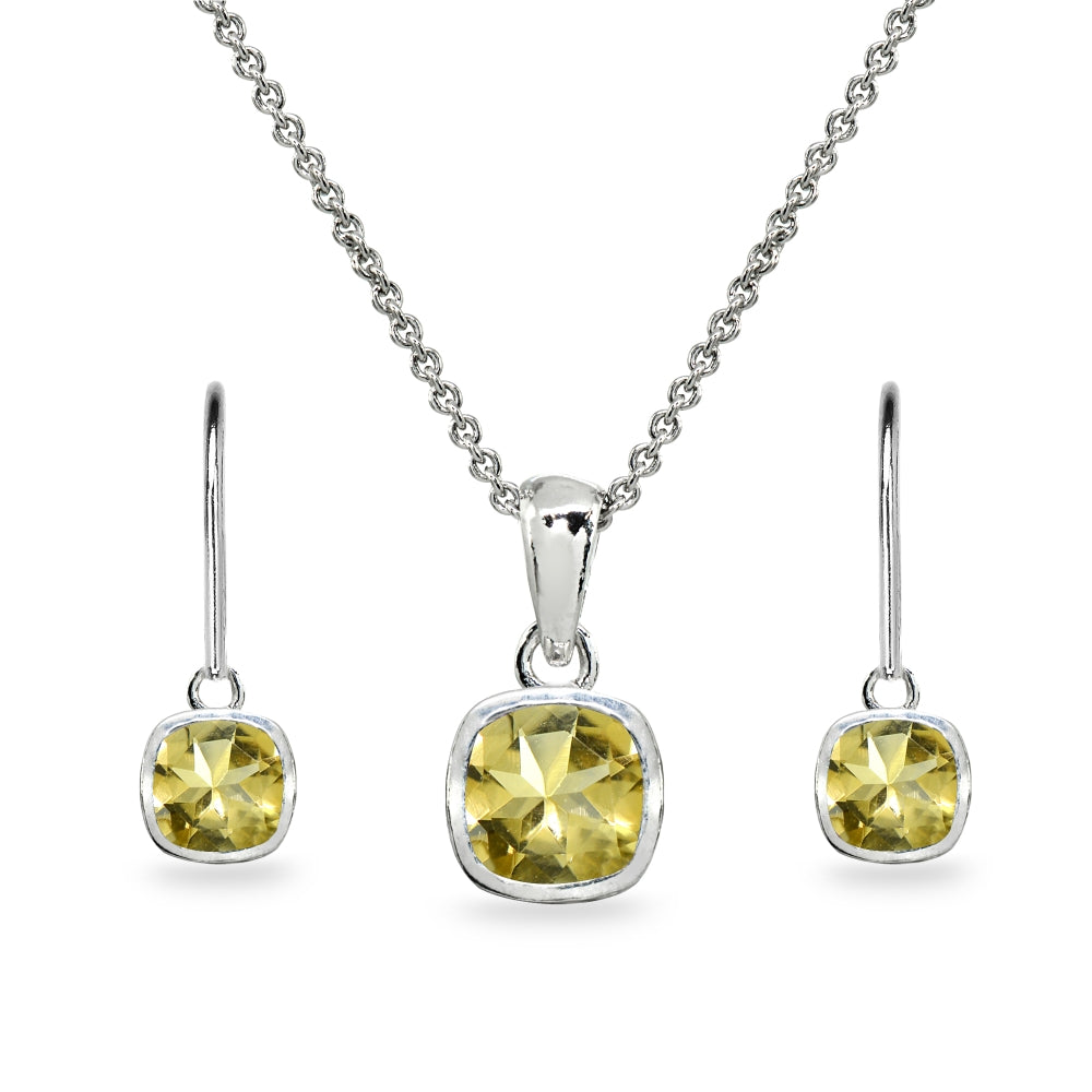 Sterling Silver Citrine Cushion-Cut Bezel-Set Pendant Necklace & Dangle Leverback Earrings Set