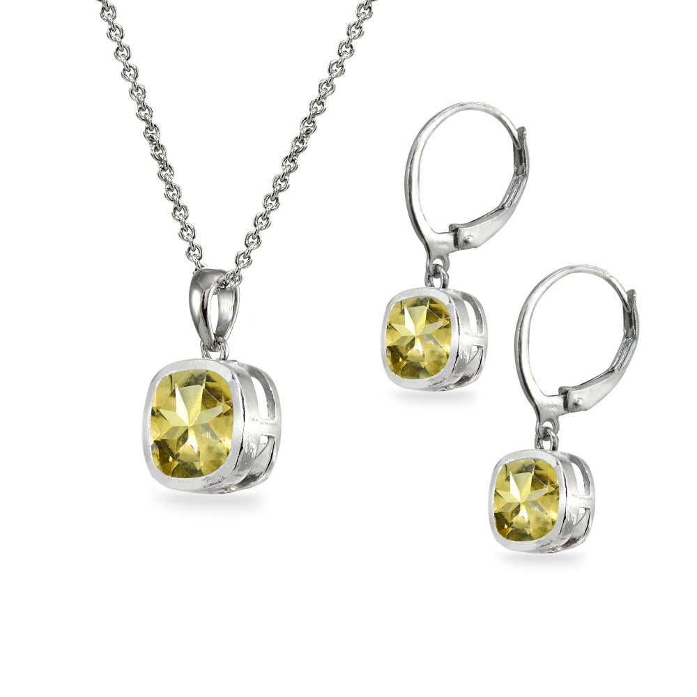 Sterling Silver Citrine Cushion-Cut Bezel-Set Pendant Necklace & Dangle Leverback Earrings Set-2