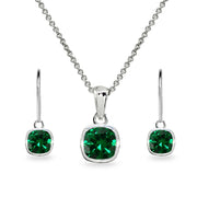 Sterling Silver Simulated Emerald Cushion-Cut Bezel-Set Pendant Necklace & Dangle Leverback Earrings Set