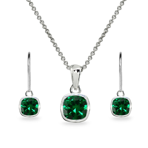 Sterling Silver Simulated Emerald Cushion-Cut Bezel-Set Pendant Necklace & Dangle Leverback Earrings Set