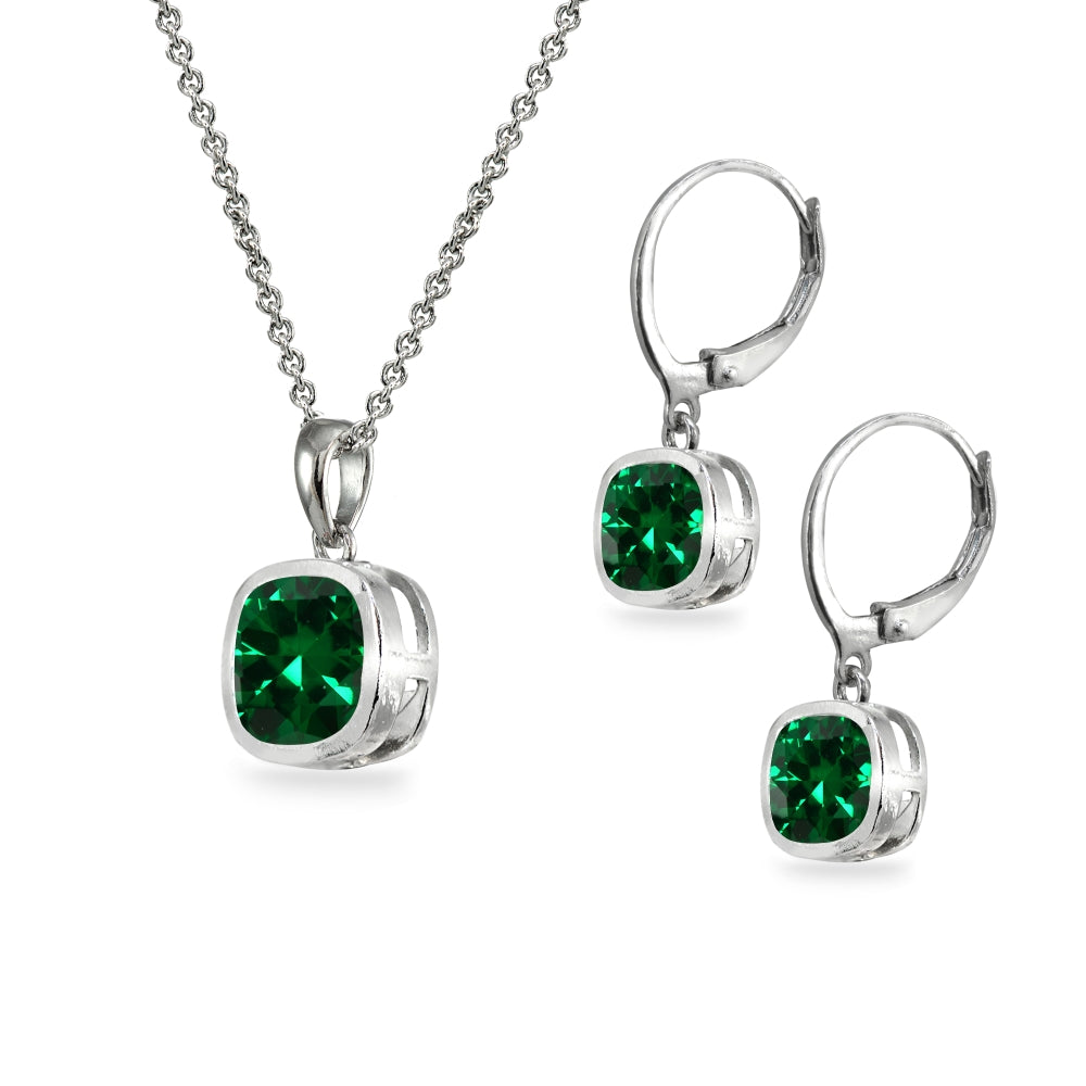 Sterling Silver Simulated Emerald Cushion-Cut Bezel-Set Pendant Necklace & Dangle Leverback Earrings Set-2