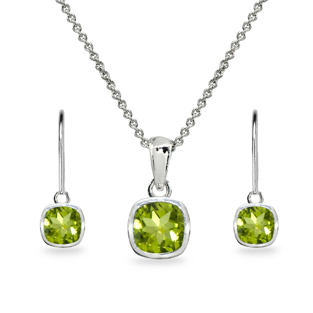 Sterling Silver Peridot Cushion-Cut Bezel-Set Pendant Necklace & Dangle Leverback Earrings Set