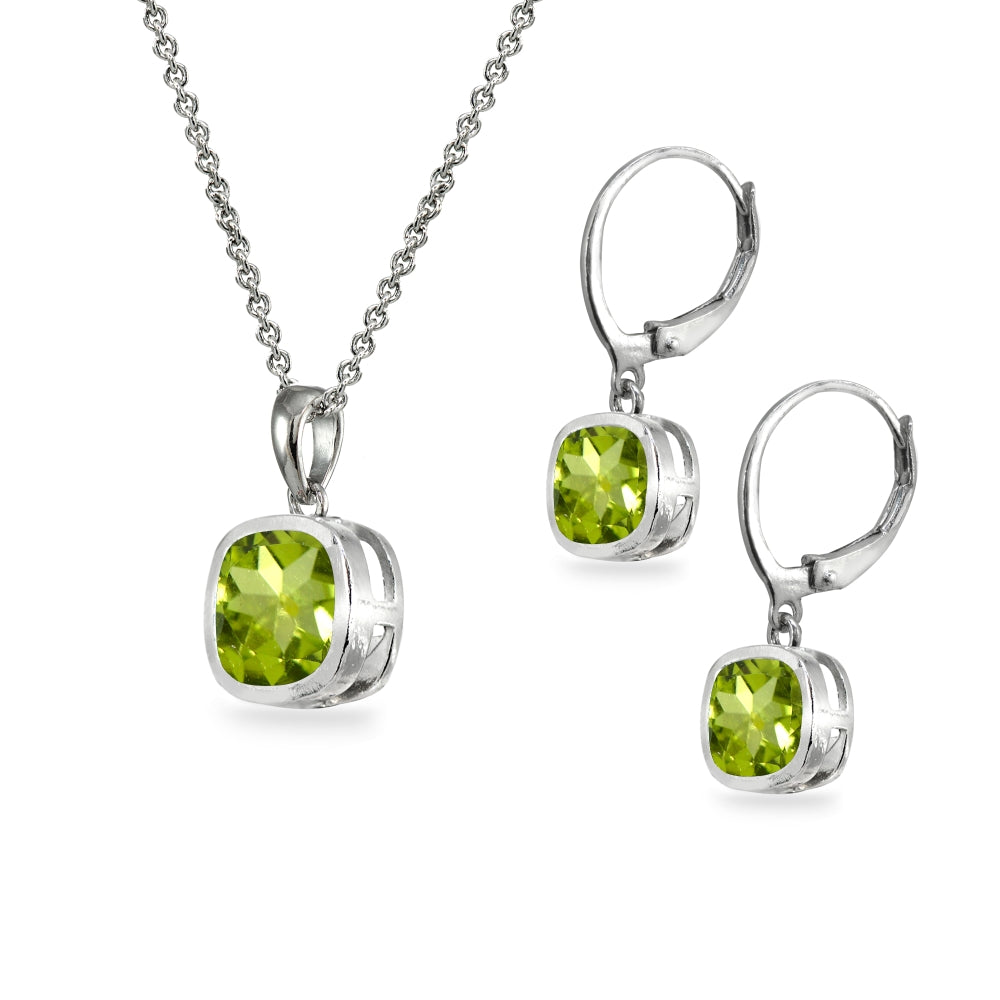 Sterling Silver Peridot Cushion-Cut Bezel-Set Pendant Necklace & Dangle Leverback Earrings Set-2