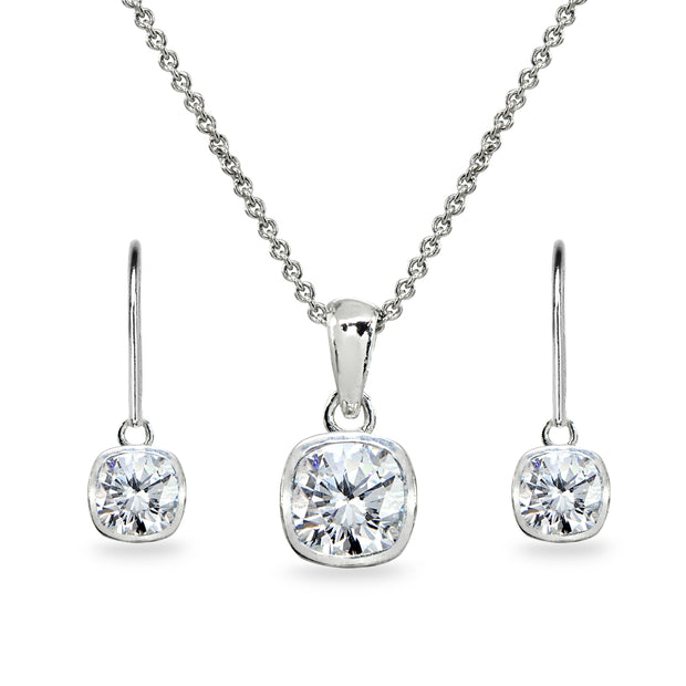 Sterling Silver Cubic Zirconia Cushion-Cut Bezel-Set Pendant Necklace & Dangle Leverback Earrings Set