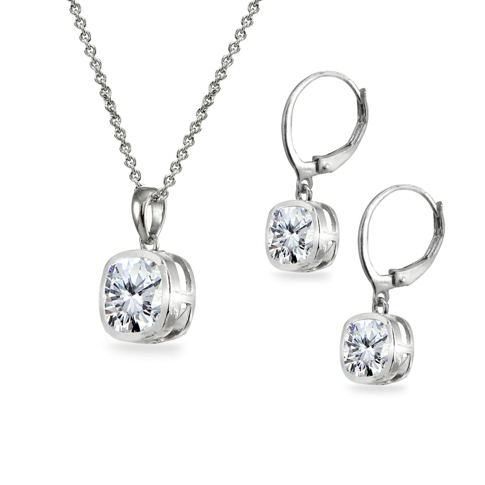 Sterling Silver Cubic Zirconia Cushion-Cut Bezel-Set Pendant Necklace & Dangle Leverback Earrings Set-2
