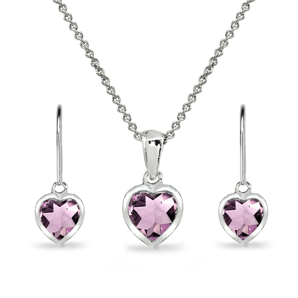 Sterling Silver Created Alexandrite Heart Bezel-Set Necklace & Dangle Leverback Earrings Set