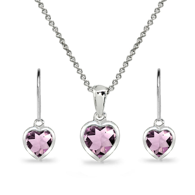 Sterling Silver Created Alexandrite Heart Bezel-Set Necklace & Dangle Leverback Earrings Set