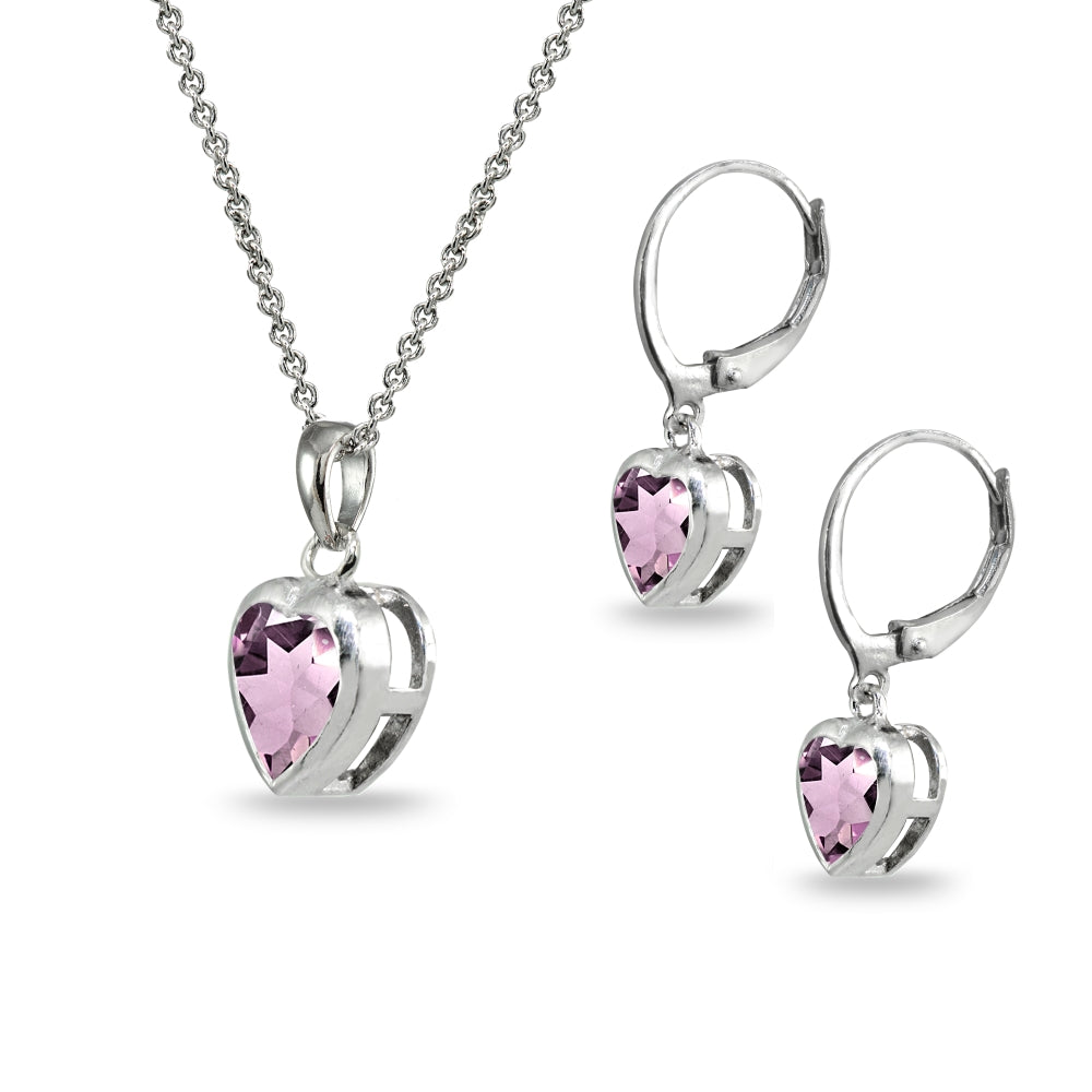 Sterling Silver Created Alexandrite Heart Bezel-Set Necklace & Dangle Leverback Earrings Set-2