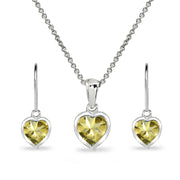 Sterling Silver Citrine Heart Bezel-Set Pendant Necklace & Dangle Leverback Earrings Set