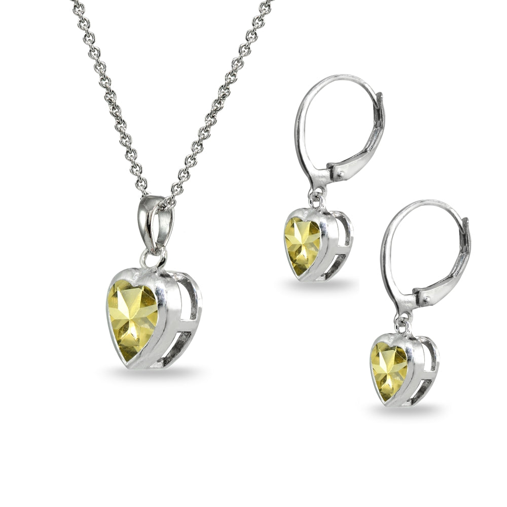 Sterling Silver Citrine Heart Bezel-Set Pendant Necklace & Dangle Leverback Earrings Set-2