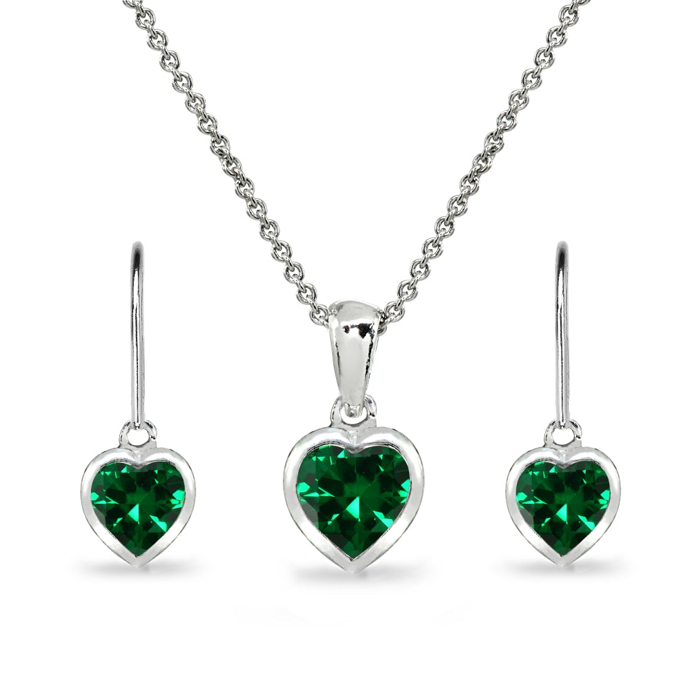 Sterling Silver Simulated Emerald Heart Bezel-Set Pendant Necklace & Dangle Leverback Earrings Set