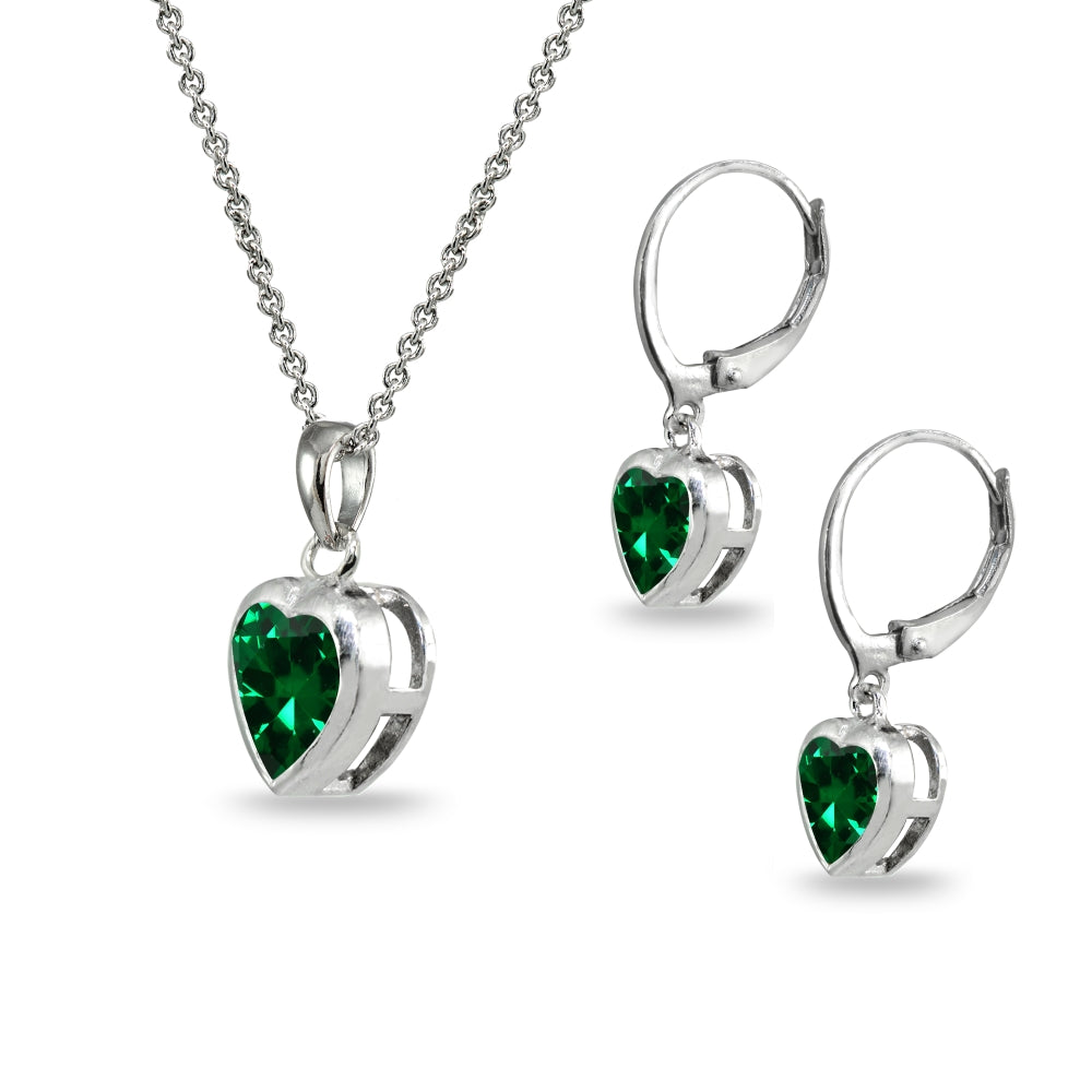 Sterling Silver Simulated Emerald Heart Bezel-Set Pendant Necklace & Dangle Leverback Earrings Set-2