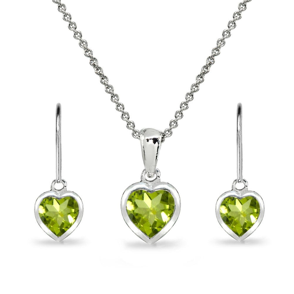 Sterling Silver Peridot Heart Bezel-Set Pendant Necklace & Dangle Leverback Earrings Set