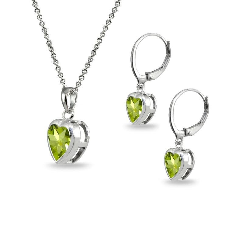 Sterling Silver Peridot Heart Bezel-Set Pendant Necklace & Dangle Leverback Earrings Set