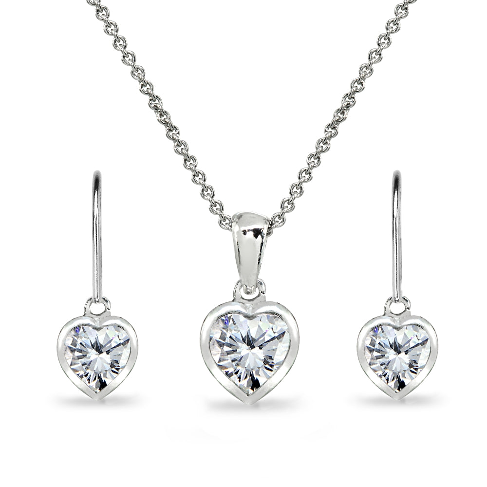 Sterling Silver Cubic Zirconia Heart Bezel-Set Pendant Necklace & Dangle Leverback Earrings Set