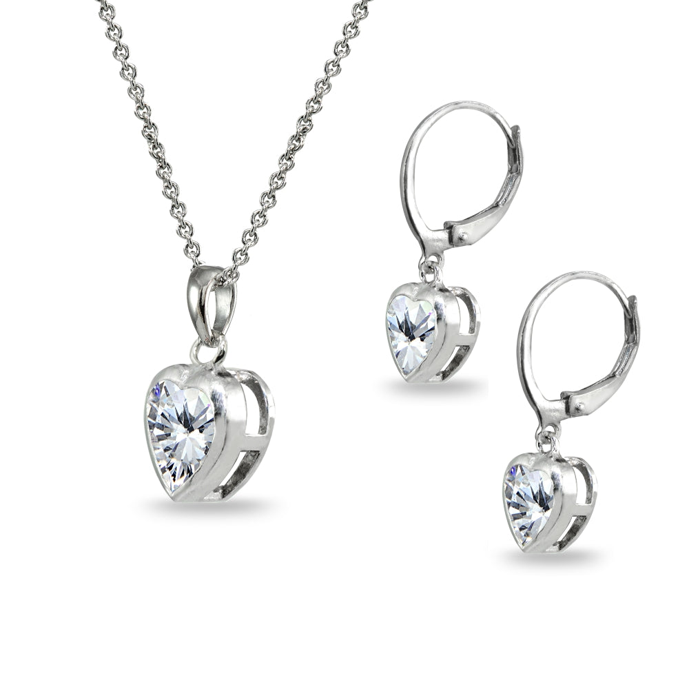 Sterling Silver Cubic Zirconia Heart Bezel-Set Pendant Necklace & Dangle Leverback Earrings Set-2