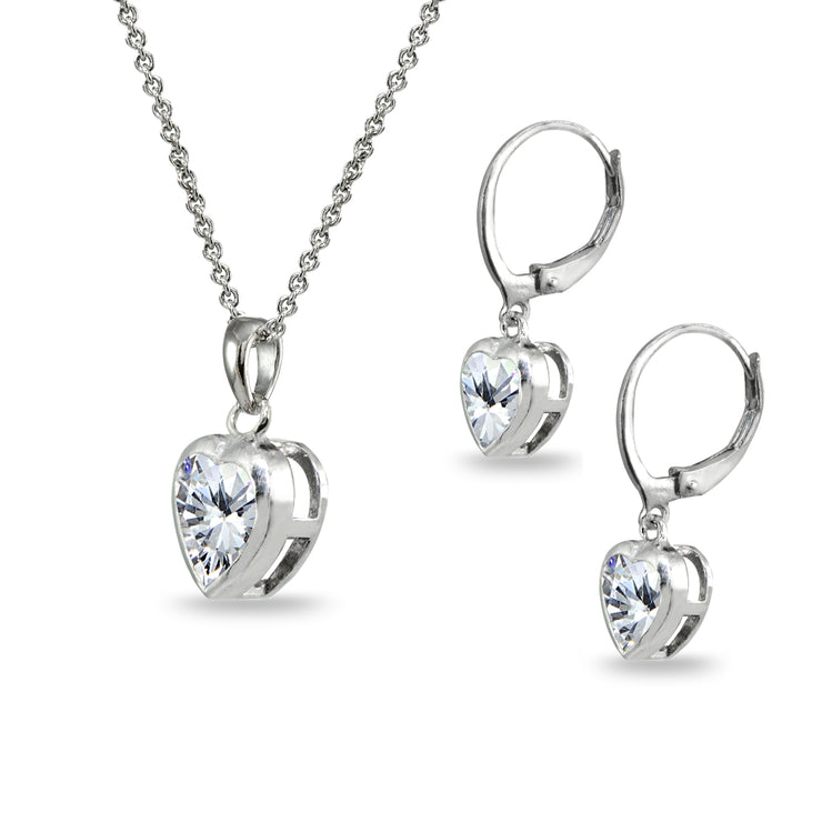 Sterling Silver Cubic Zirconia Heart Bezel-Set Pendant Necklace & Dangle Leverback Earrings Set