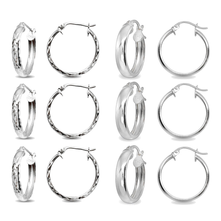 6-Pair Sterling Silver 3x20mm Polished & Diamond-Cut Round Click-Top Small Hoop Earrings Set