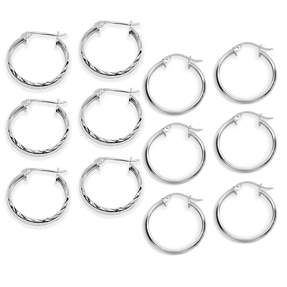 6-Pair Sterling Silver 3x20mm Polished & Diamond-Cut Round Click-Top Small Hoop Earrings Set-3