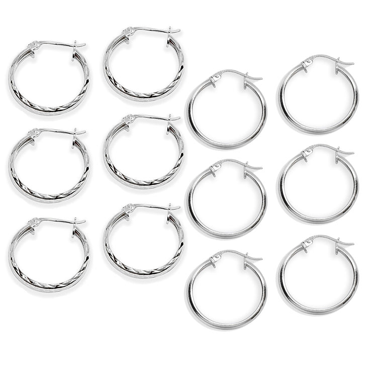 6-Pair Sterling Silver 3x20mm Polished & Diamond-Cut Round Click-Top Small Hoop Earrings Set